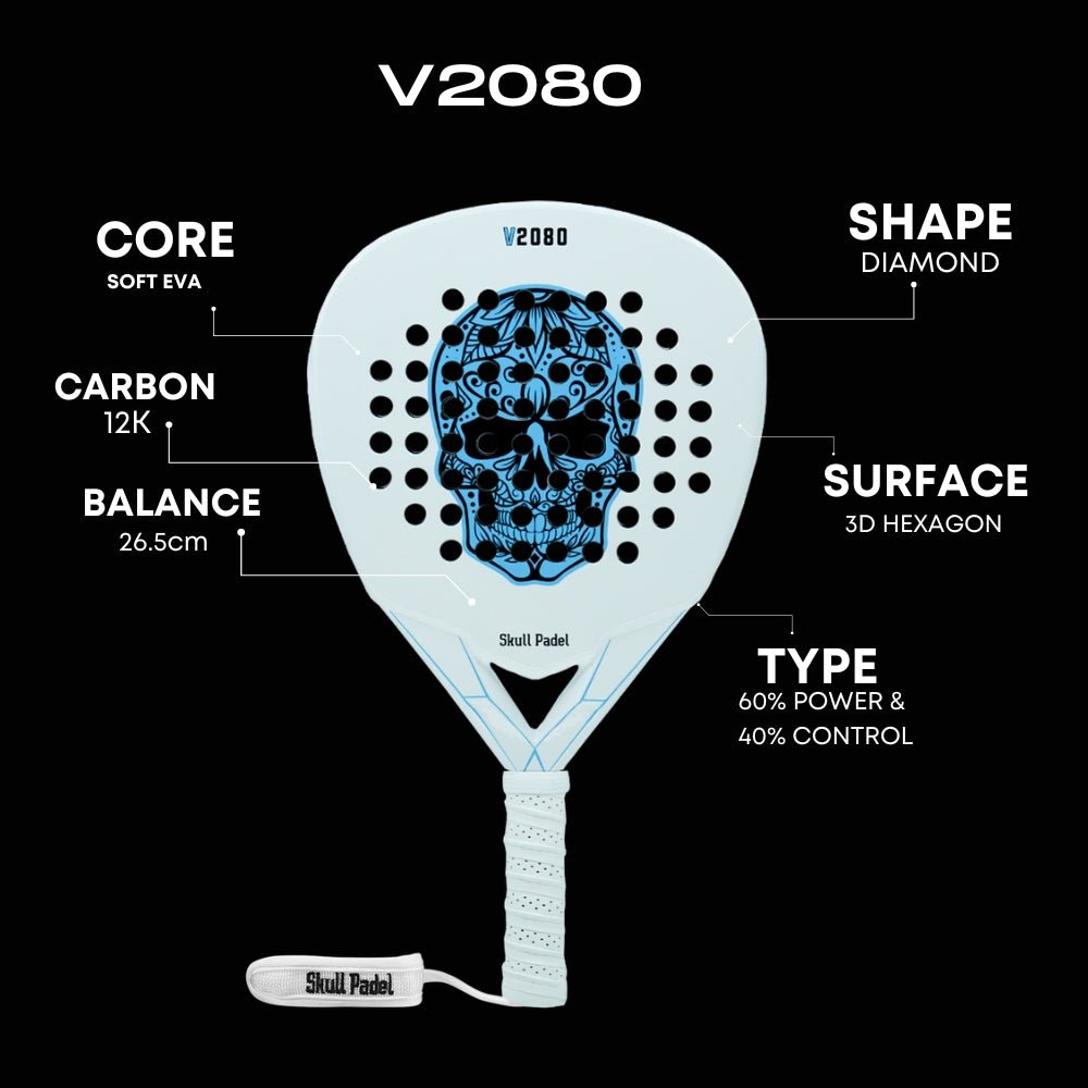 V2080 White Blue 12K Carbon Padel Racket – Control | Skull Padel